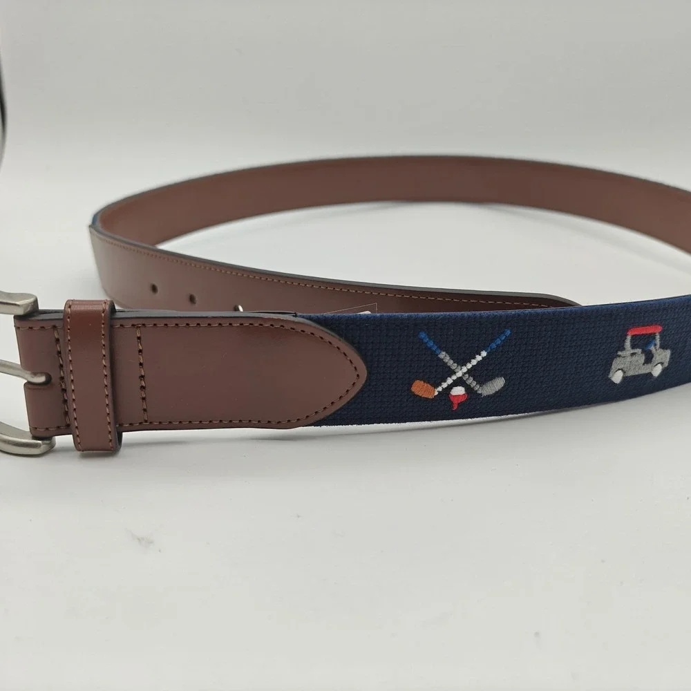 Original Penguin Men's Golf Needlepoint Belt Size 40 Navy Golf Cart Clubs NWT